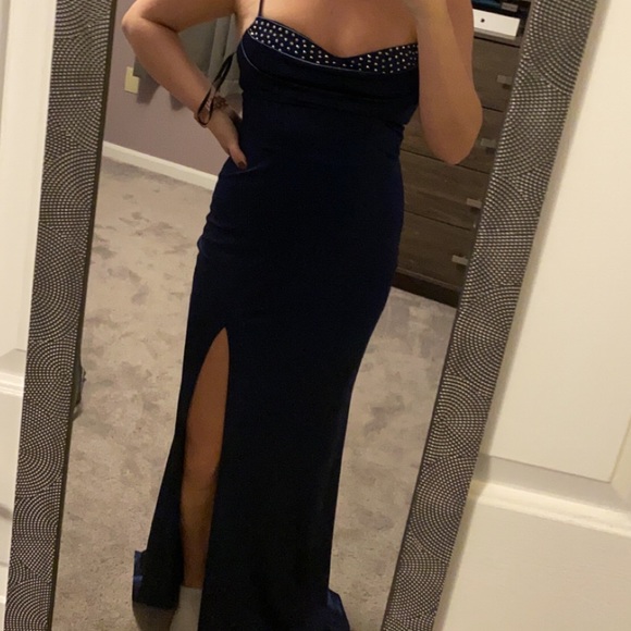 Navy Blue Satin Formal Gown - Picture 2 of 2